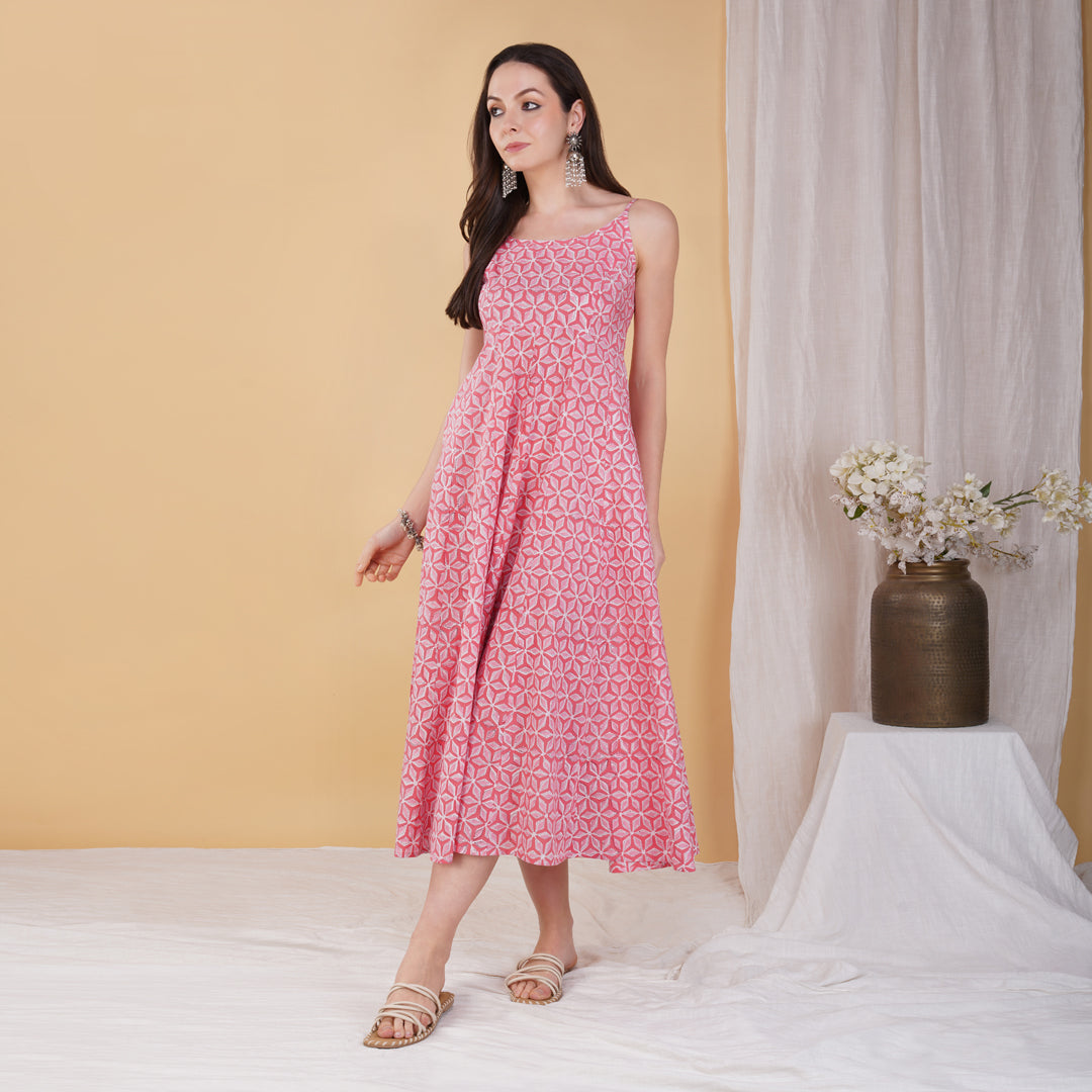 Pink Star Hand Block Printed Long Flared Dress with Spaghetti Straps and Smocked Back