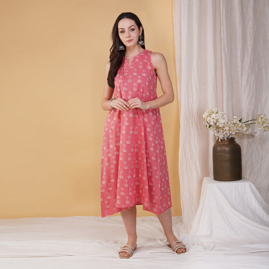 Pink Hand Block Printed Long A Line Sleeveless Dress