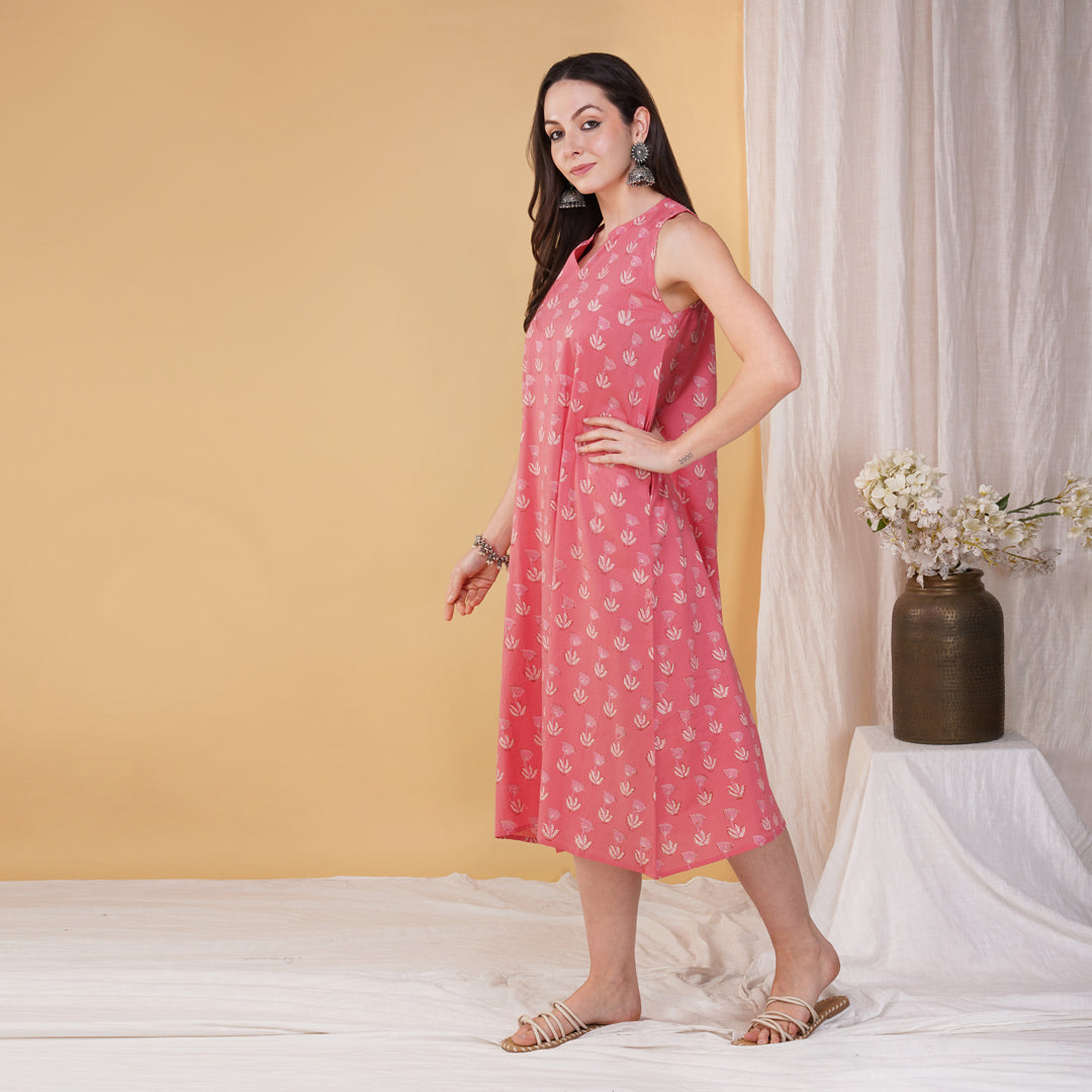 Pink Hand Block Printed Long A Line Sleeveless Dress