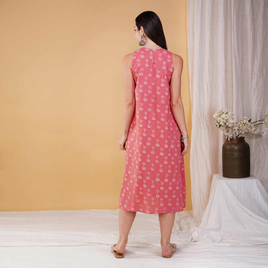 Pink Hand Block Printed Long A Line Sleeveless Dress