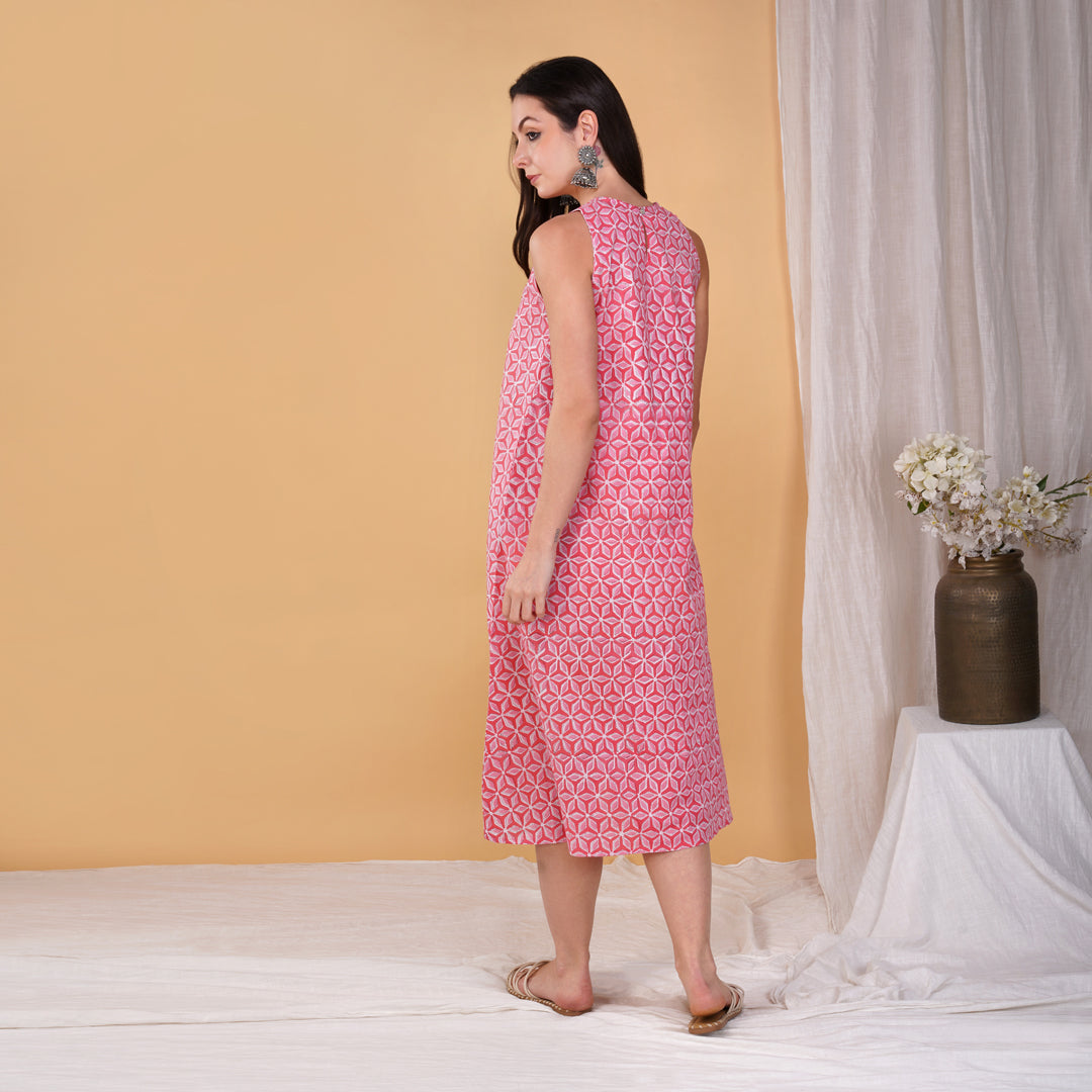 Pink Star Hand Block Printed Long A Line Sleeveless Dress