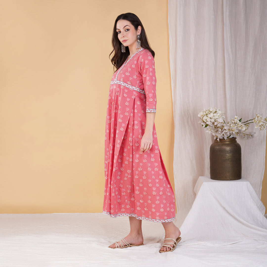 Pink Hand Block Printed Floor Length Anarkali Kurta with Hand Embroidery Details on Yoke