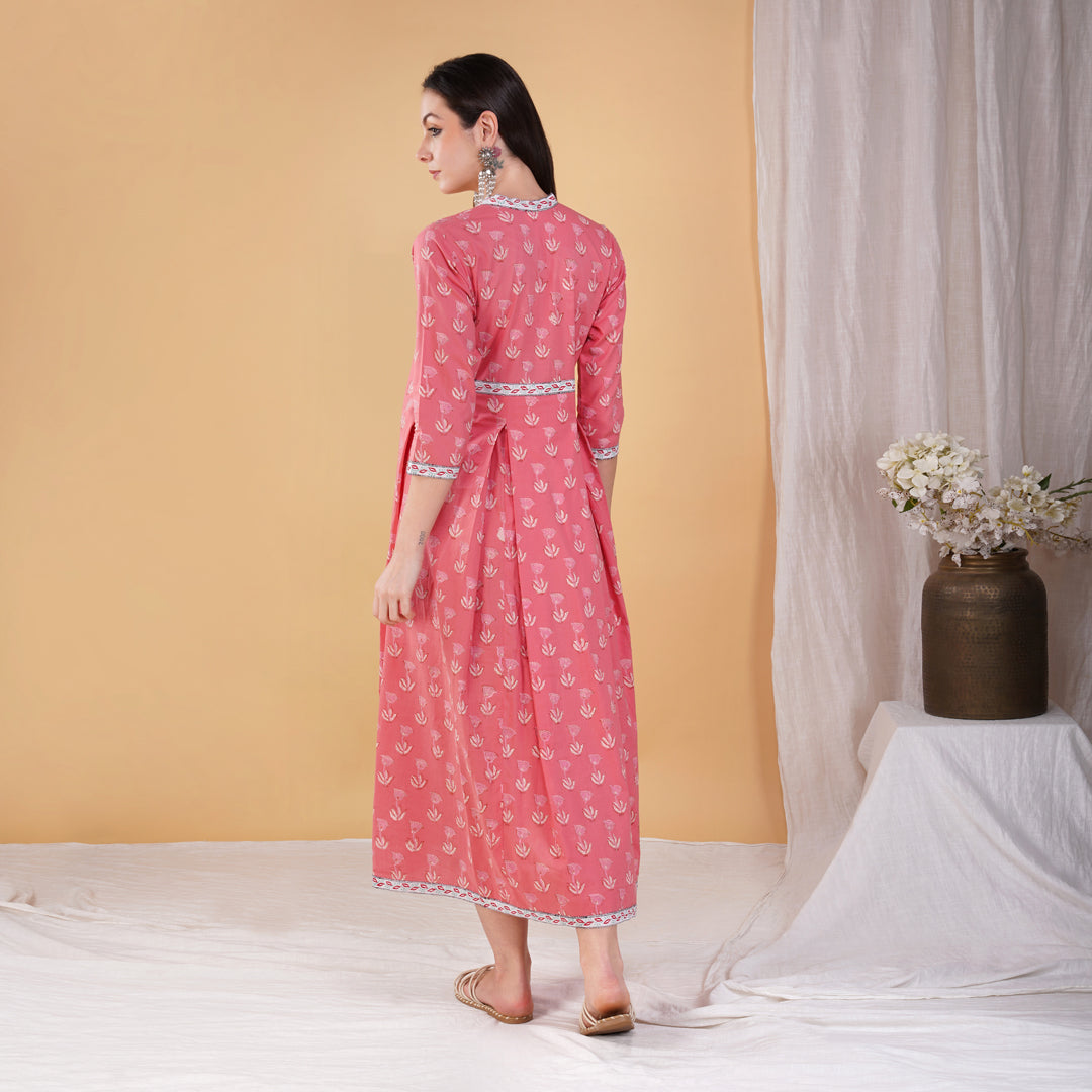 Pink Hand Block Printed Floor Length Anarkali Kurta with Hand Embroidery Details on Yoke
