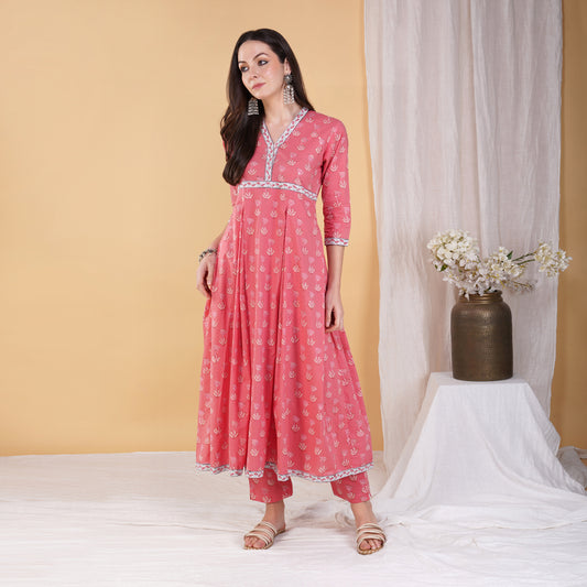 Pink Hand Block Printed Anarkali Kurta with Hand Embroidery Details on Yoke with Pants (Set of 2)