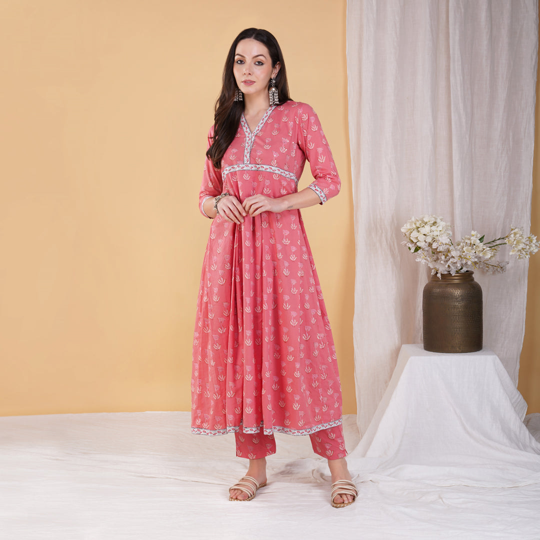 Pink Hand Block Printed Anarkali Kurta with Hand Embroidery Details on Yoke with Pants (Set of 2)