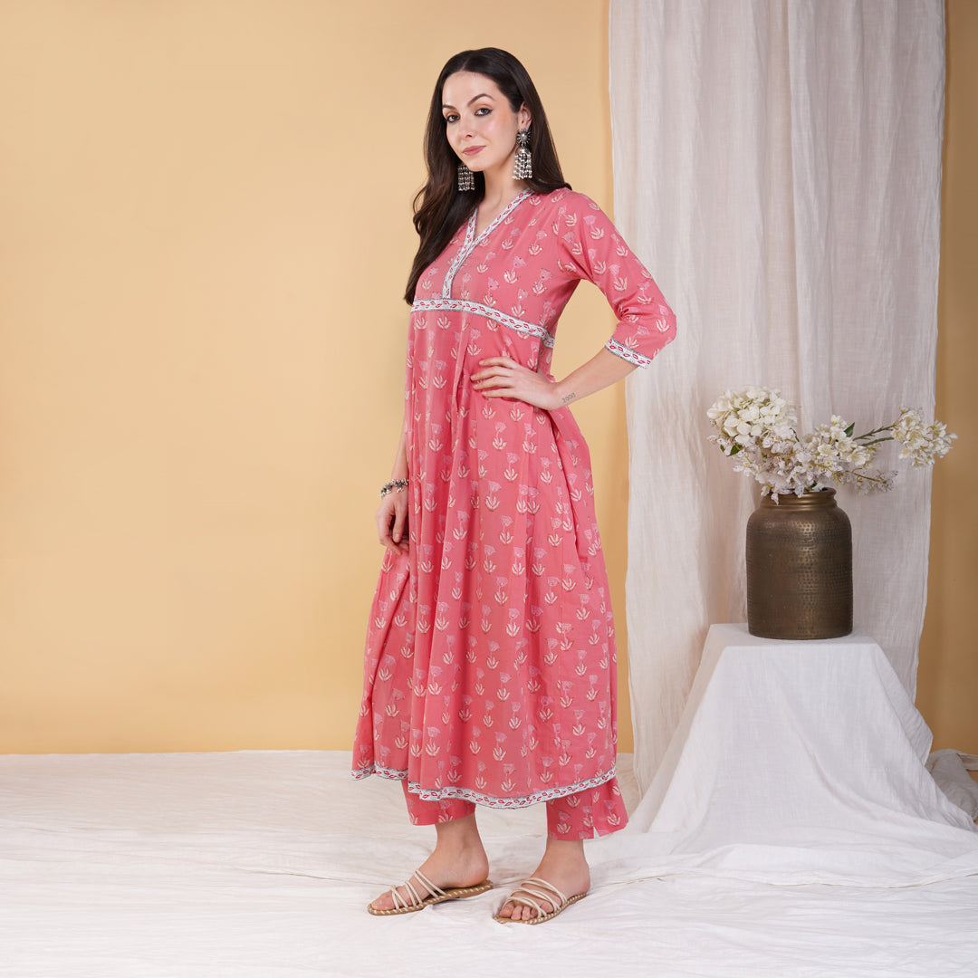 Pink Hand Block Printed Anarkali Kurta with Hand Embroidery Details on Yoke with Pants (Set of 2)