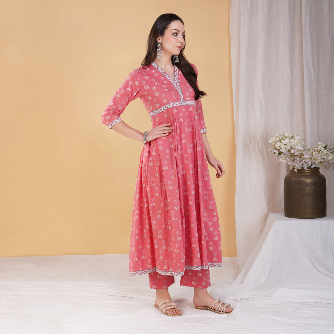 Pink Hand Block Printed Anarkali Kurta with Hand Embroidery Details on Yoke with Pants (Set of 2)