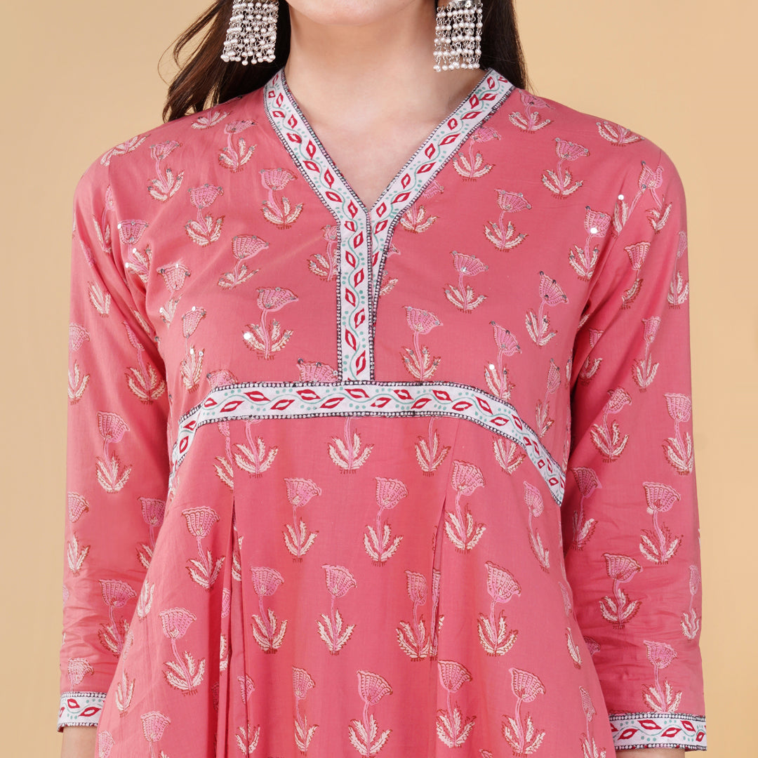 Pink Hand Block Printed Anarkali Kurta with Hand Embroidery Details on Yoke with Pants (Set of 2)