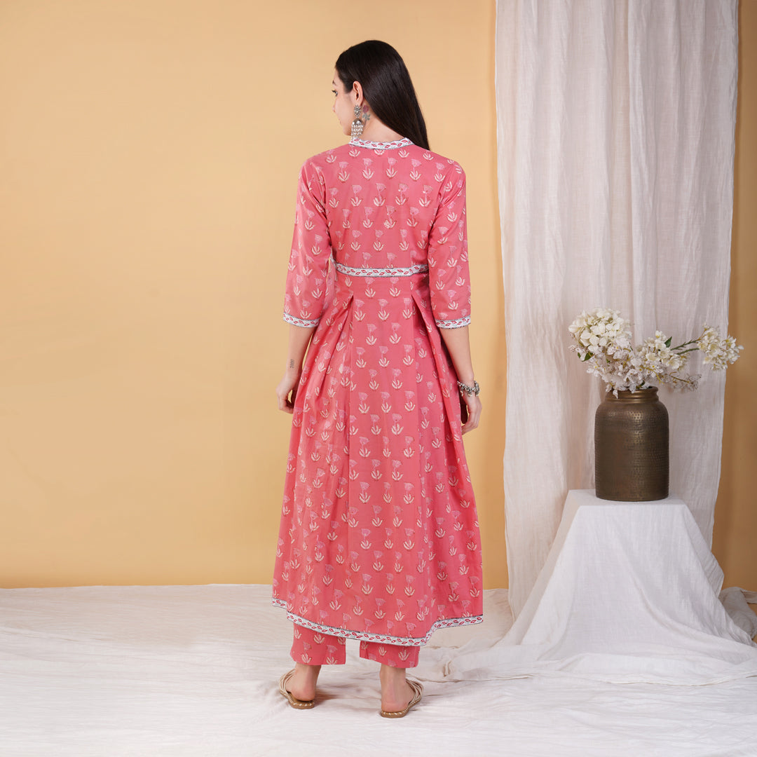 Pink Hand Block Printed Anarkali Kurta with Hand Embroidery Details on Yoke with Pants (Set of 2)