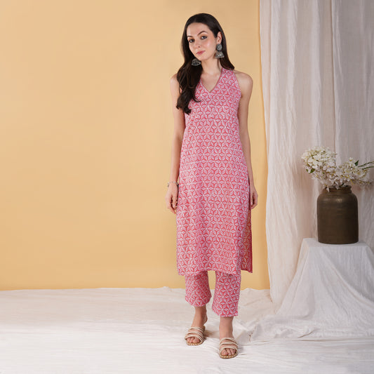 Pink Star Hand Block Printed Sleeveless Kurta Gotta details and Hand Embroidery with Pants (Set of 2)