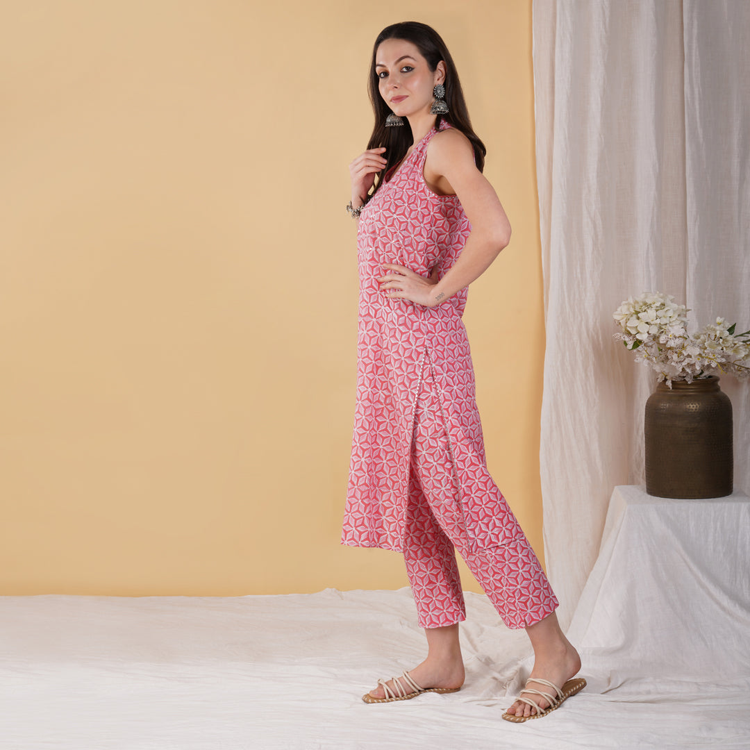 Pink Star Hand Block Printed Sleeveless Kurta Gotta details and Hand Embroidery with Pants (Set of 2)