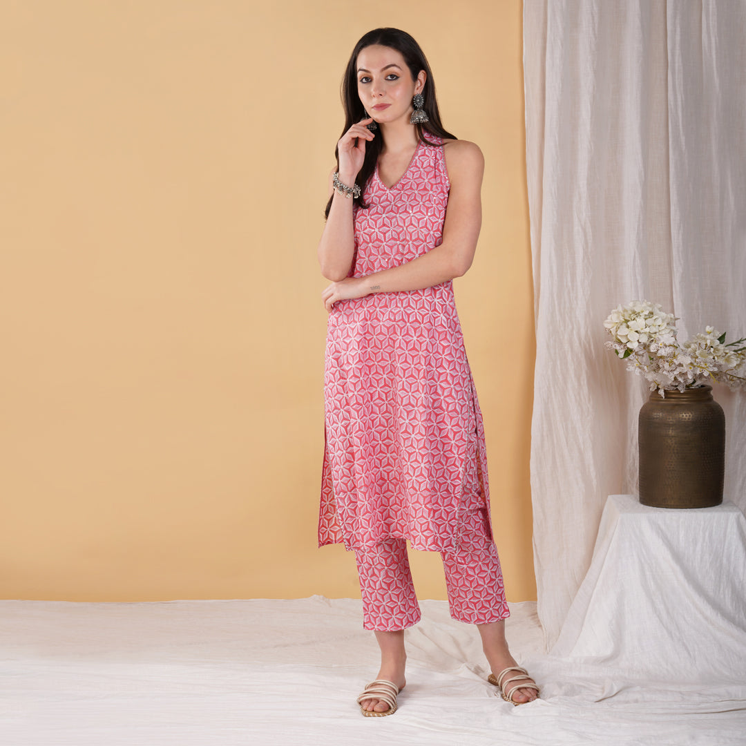 Pink Star Hand Block Printed Sleeveless Kurta Gotta details and Hand Embroidery with Pants (Set of 2)