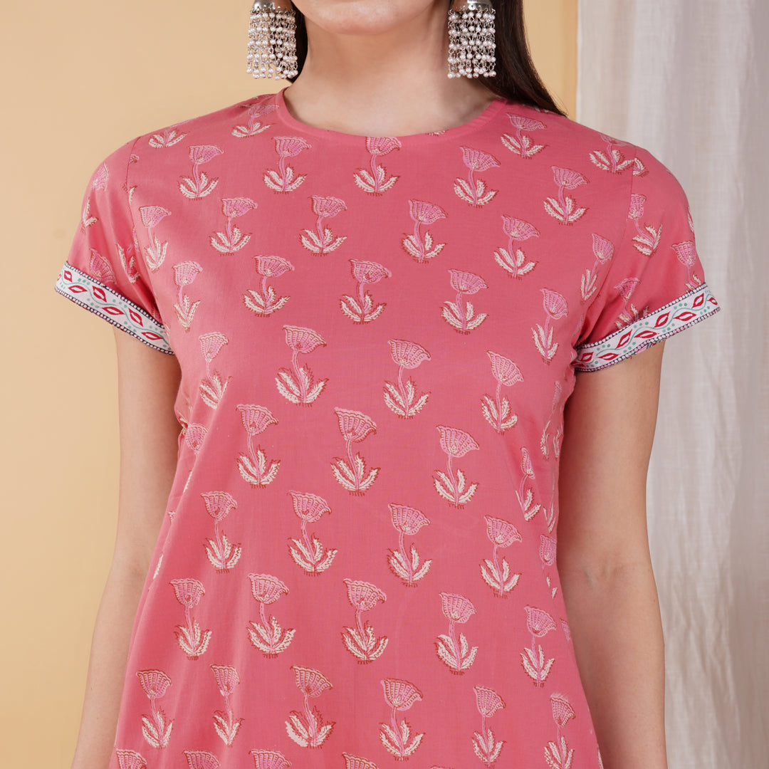 Pink Hand Block Printed Midi Straight Dress with Short Sleeve and Side Slits