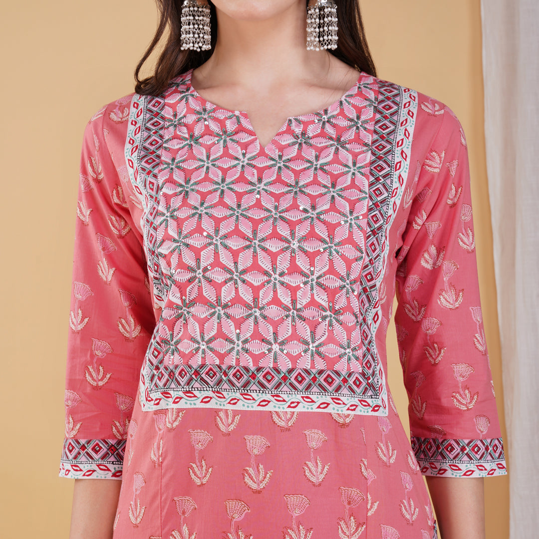 Pink Hand Block Printed Straight Kurta with Yoke in Hand Embroidery with Pants (Set of 2)