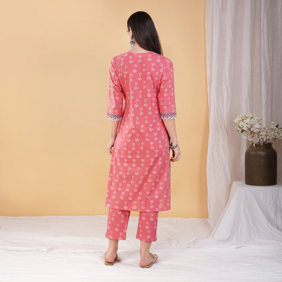 Pink Hand Block Printed Straight Kurta with Yoke in Hand Embroidery with Pants (Set of 2)