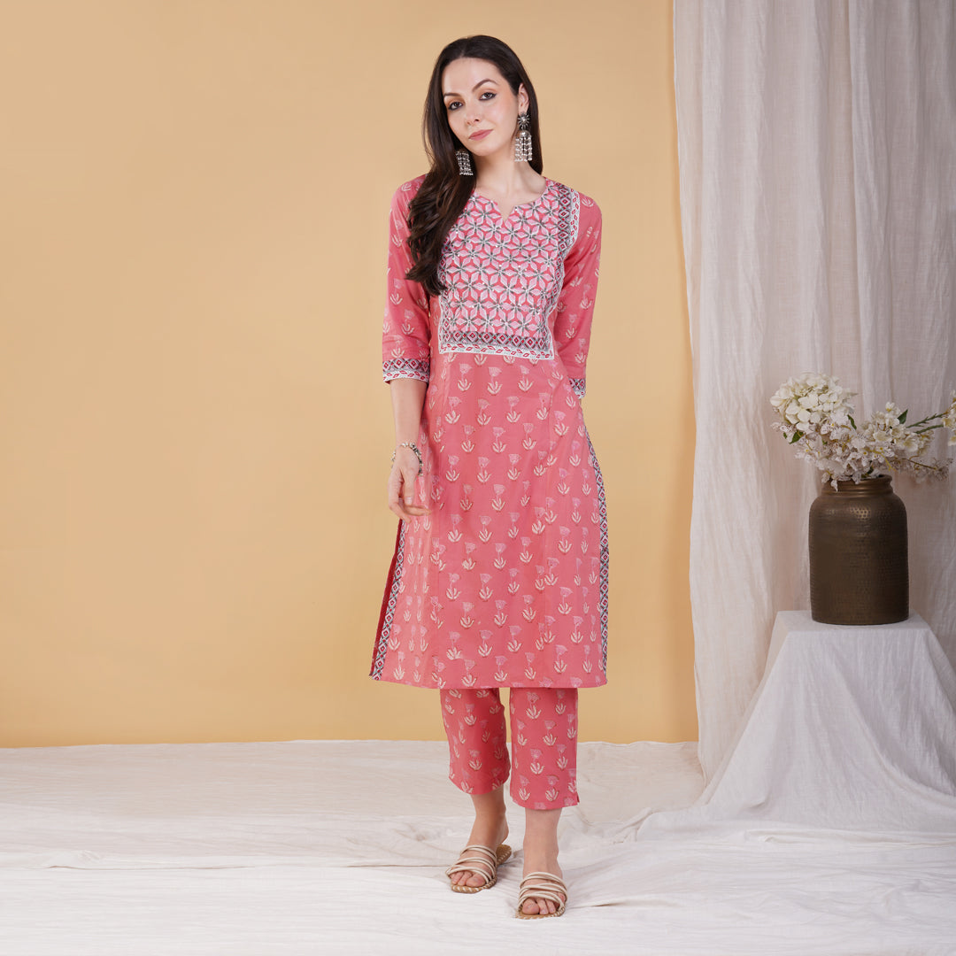 Pink Hand Block Printed Straight Kurta with Yoke in Hand Embroidery with Pants (Set of 2)