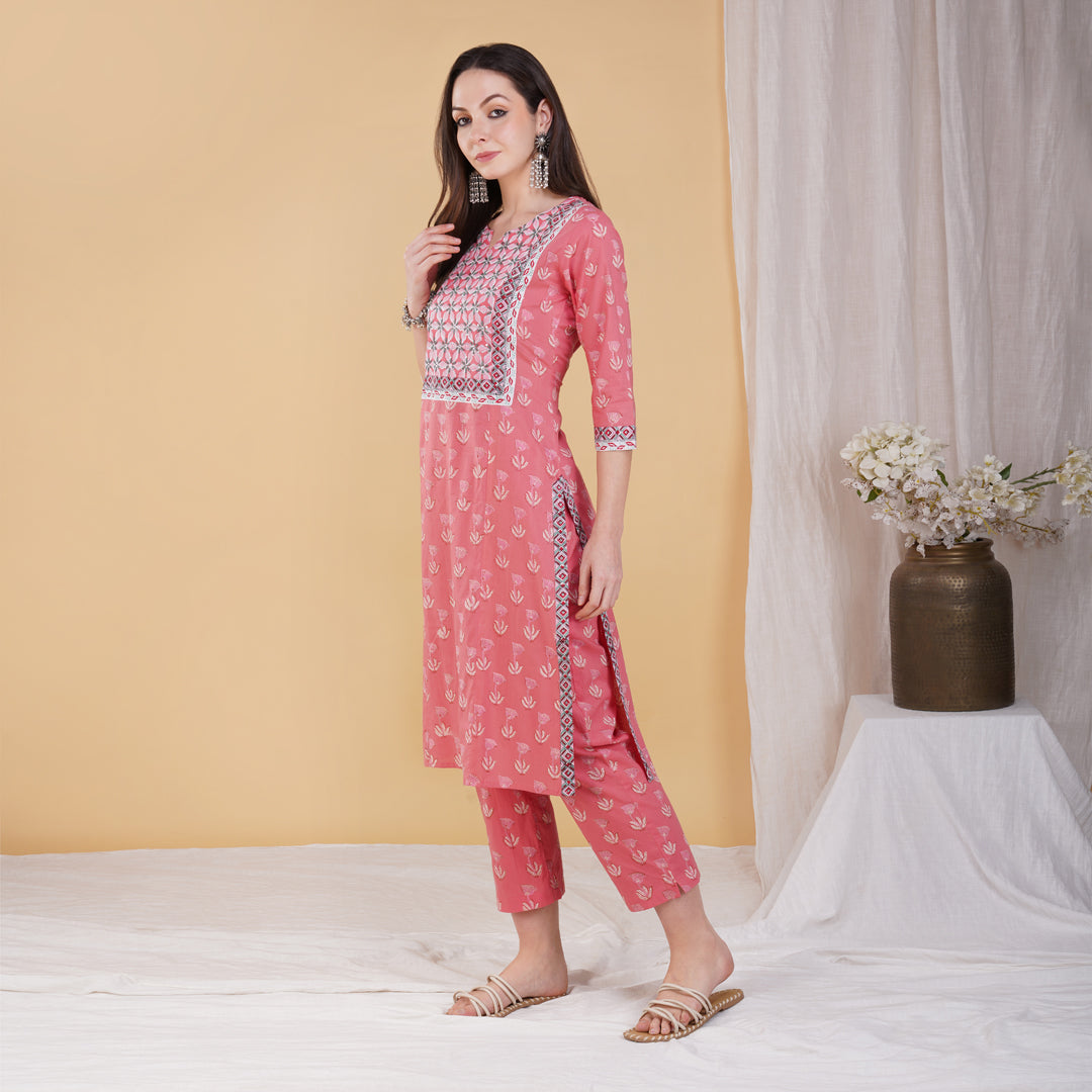 Pink Hand Block Printed Straight Kurta with Yoke in Hand Embroidery with Pants (Set of 2)