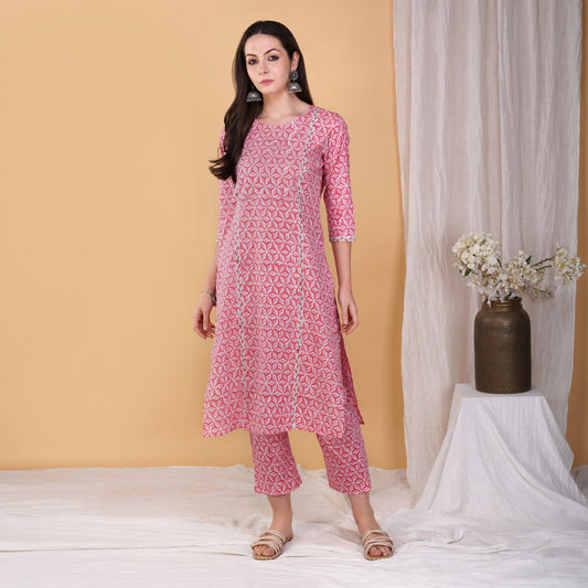 Pink Star Hand Block Printed Panelled Straight Kurta with Hand Embroidery with Pants (Set of 2)