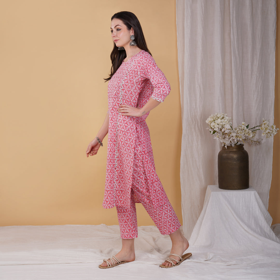 Pink Star Hand Block Printed Panelled Straight Kurta with Hand Embroidery with Pants (Set of 2)