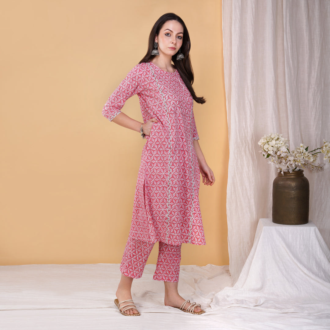 Pink Star Hand Block Printed Panelled Straight Kurta with Hand Embroidery with Pants (Set of 2)