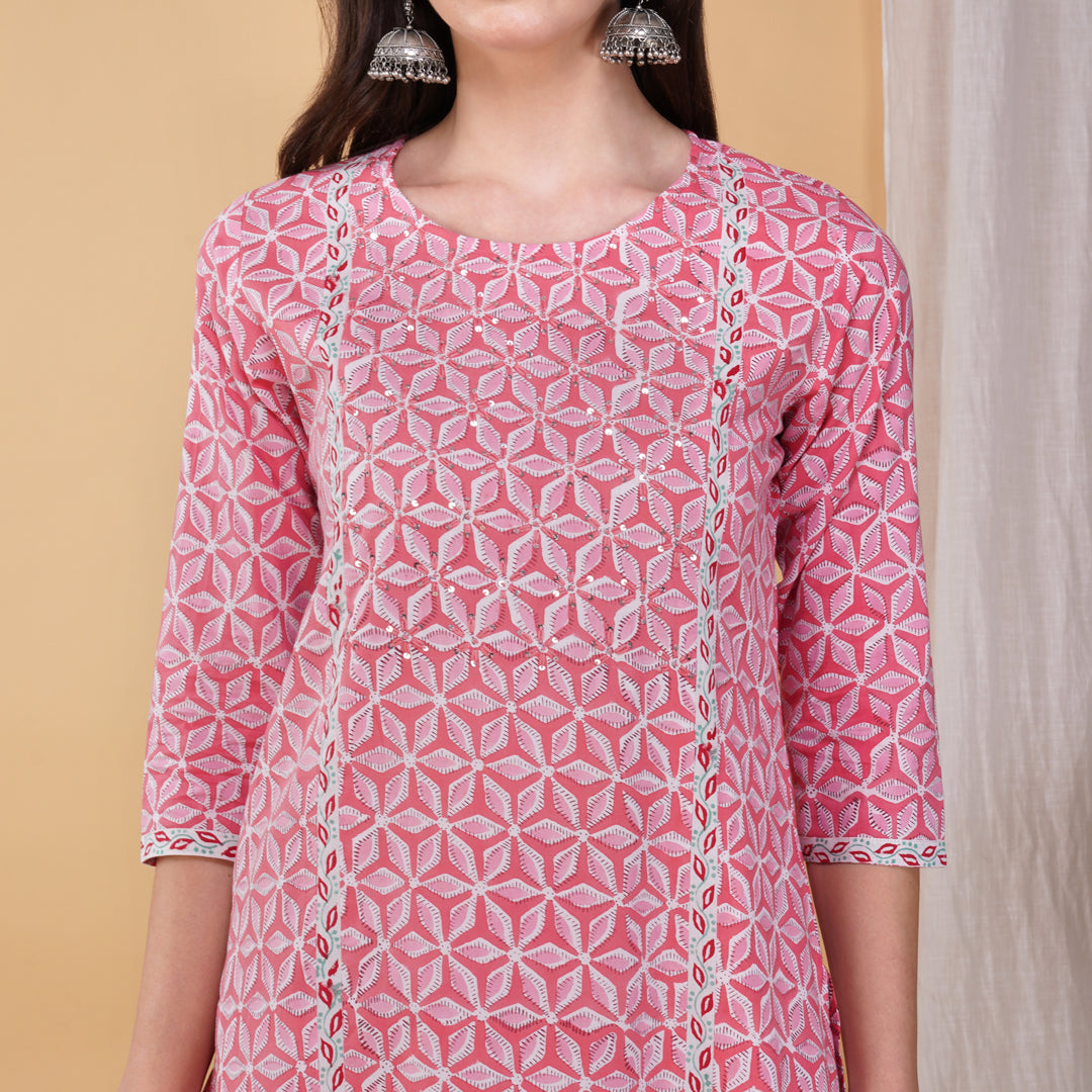 Pink Star Hand Block Printed Panelled Straight Kurta with Hand Embroidery with Pants (Set of 2)