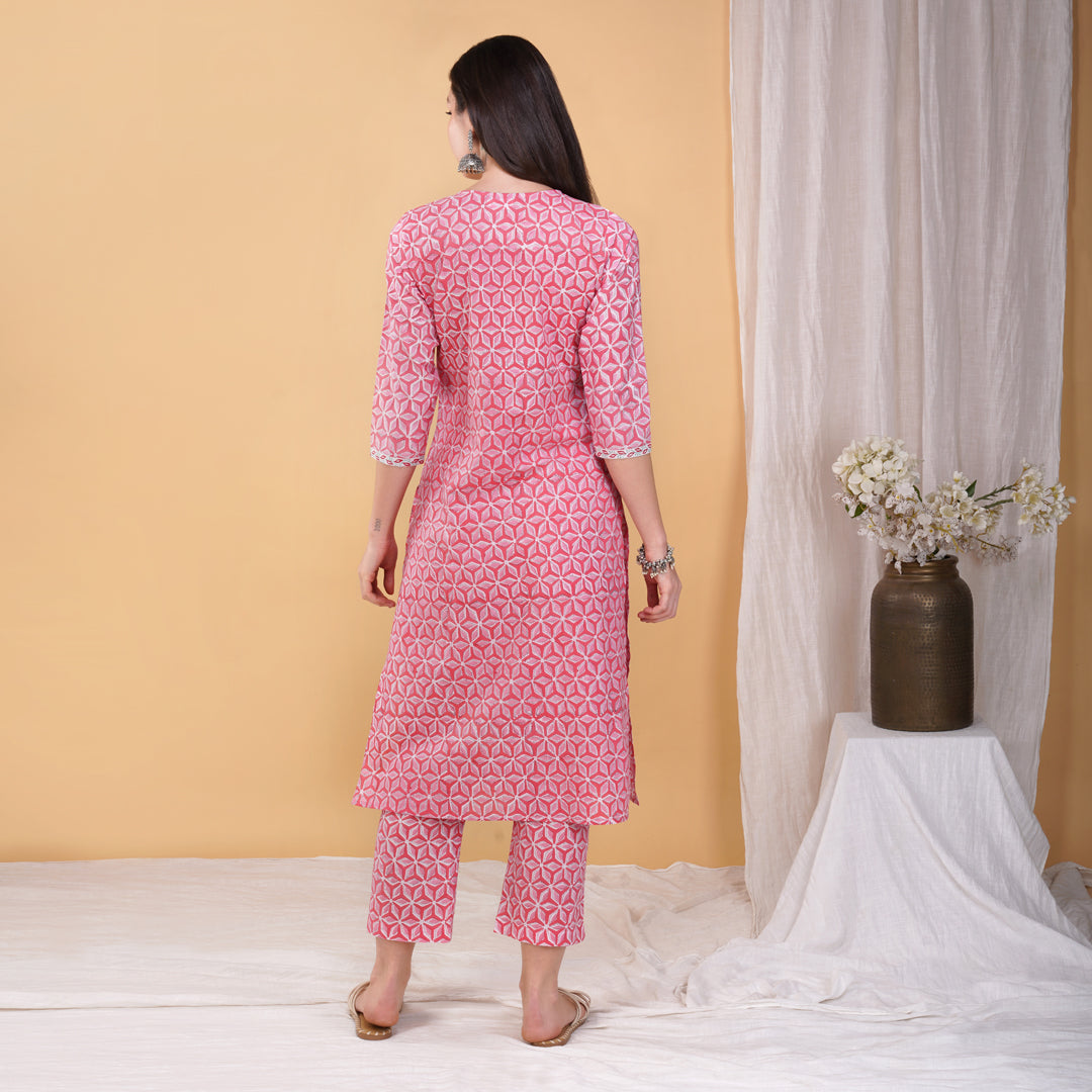 Pink Star Hand Block Printed Panelled Straight Kurta with Hand Embroidery with Pants (Set of 2)