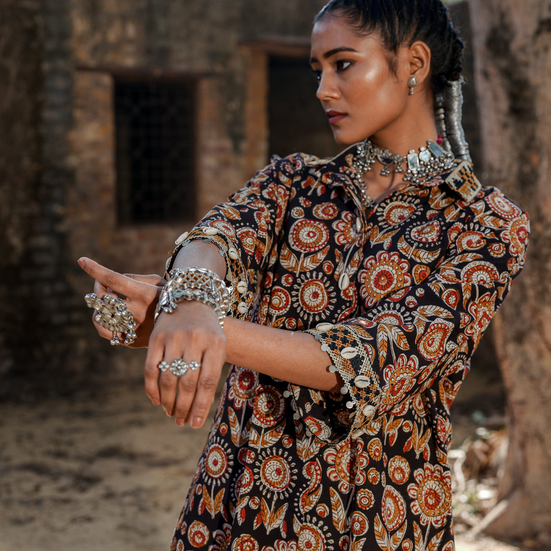 Black Block Printed Oversized Shirt Style Kurta With Embroidery Detail