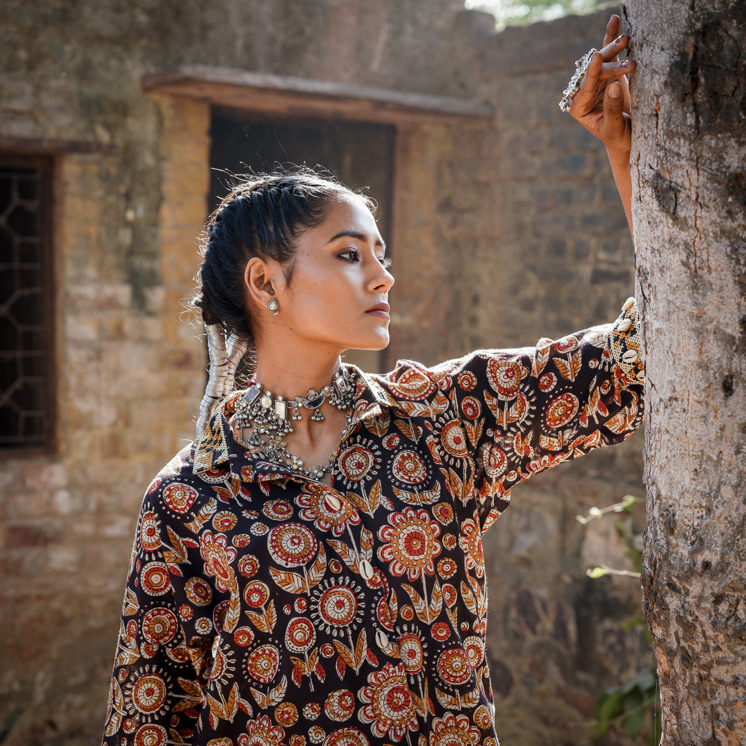Black Block Printed Oversized Shirt Style Kurta With Embroidery Detail