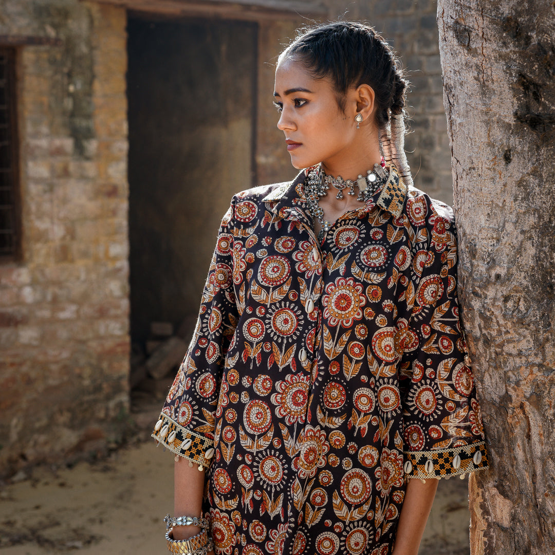 Black Block Printed Oversized Shirt Style Kurta With Embroidery Detail