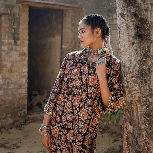 Black Block Printed Oversized Shirt Style Kurta With Embroidery Detail