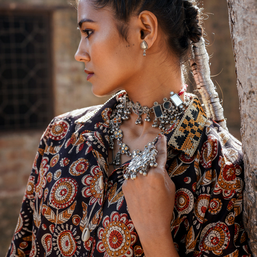 Black Block Printed With Embroidery Detail Oversized Button Down Shirt Style Kurta With Straight Pants Co-ord Set (set  of 2)