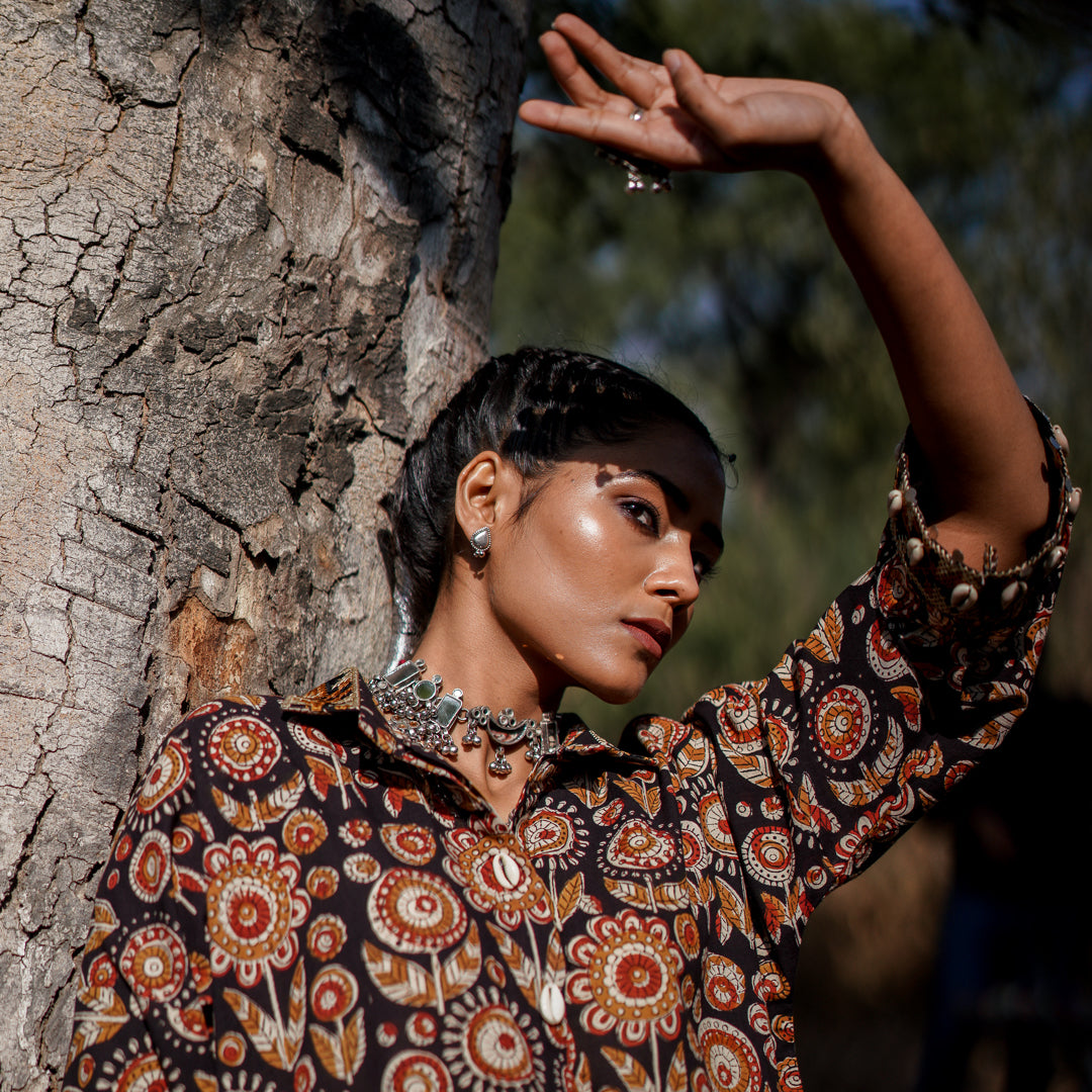 Black Block Printed Oversized Shirt Style Kurta With Embroidery Detail