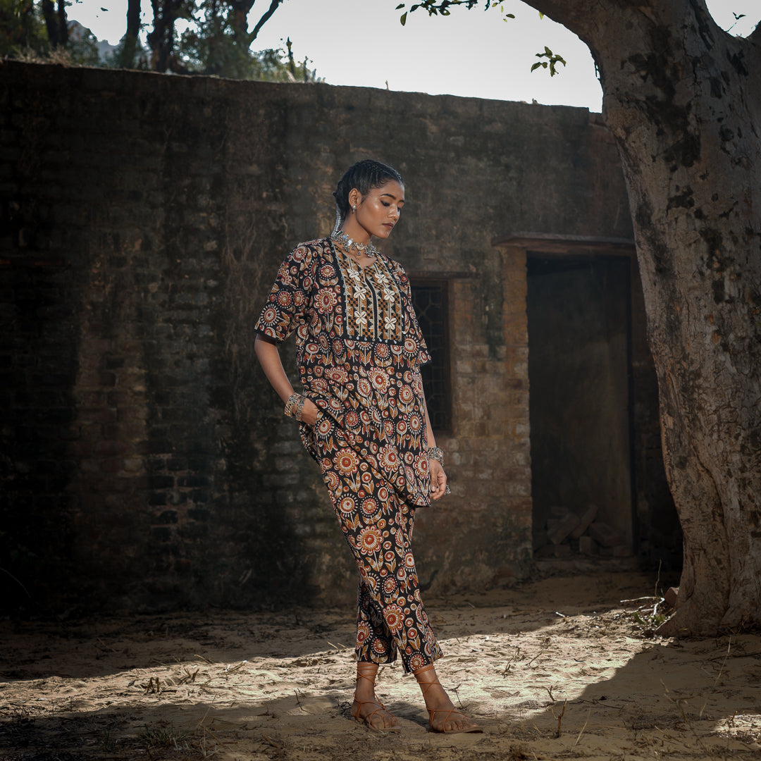 Black Block Printed Oversized Short Kurta With Embroidery Detail