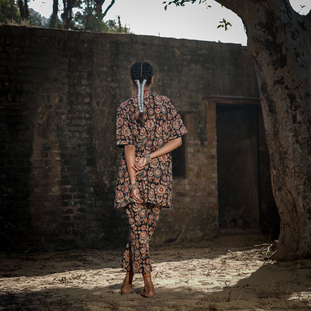 Black Block Printed Oversized Short Kurta With Embroidery Detail