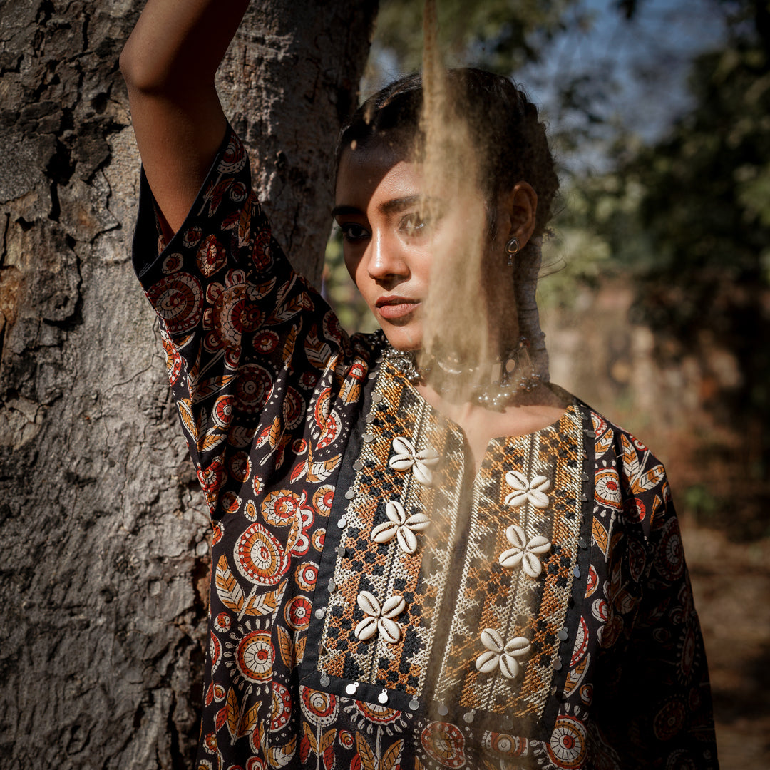 Black Block Printed Oversized Short Kurta With Embroidery Detail