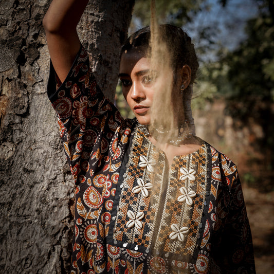 Black Block Printed Oversized Short Kurta With Embroidery Detail