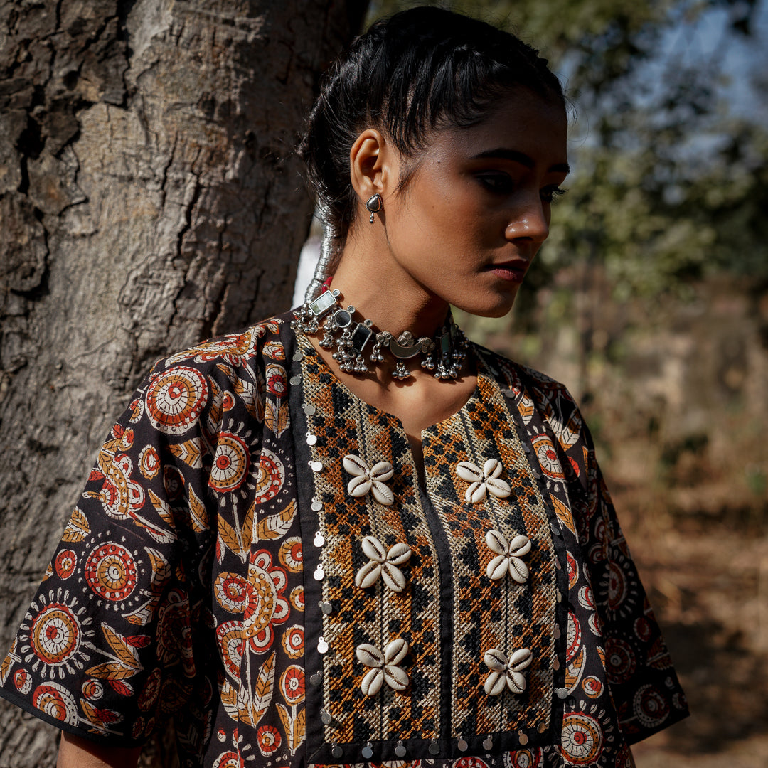 Black Block Printed Oversized Short Kurta With Embroidery Detail