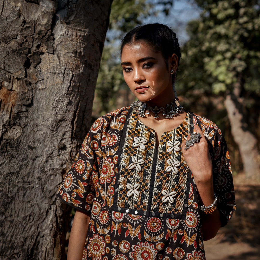 Black Block Printed Oversized Short Kurta With Embroidery Detail