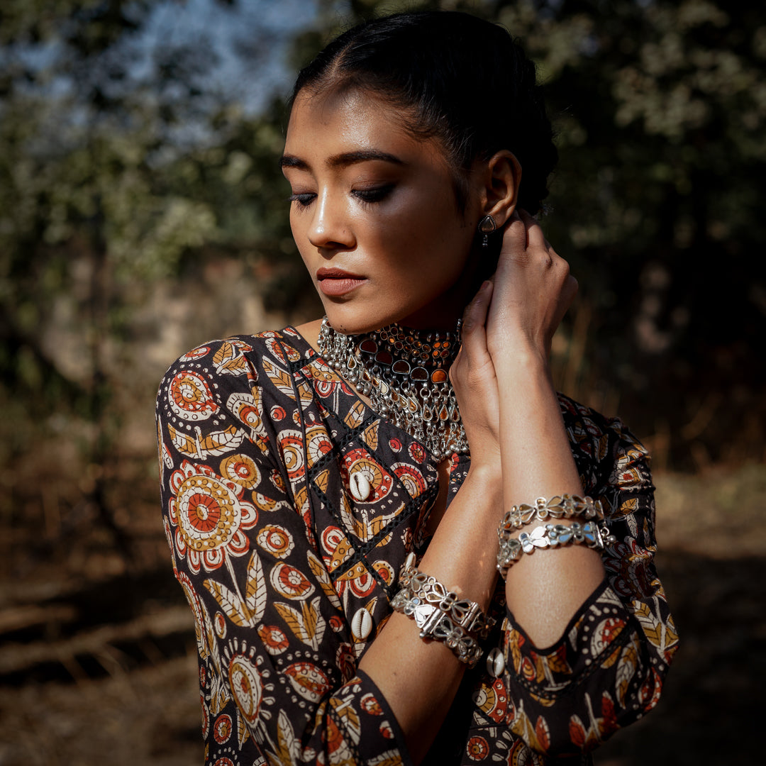 Black Block Printed Straight Kurta With Embroidery Detail On Yoke