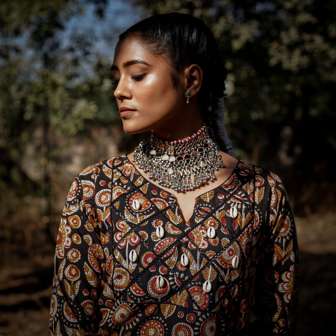 Black Block Printed Straight Kurta With Embroidery Detail On Yoke