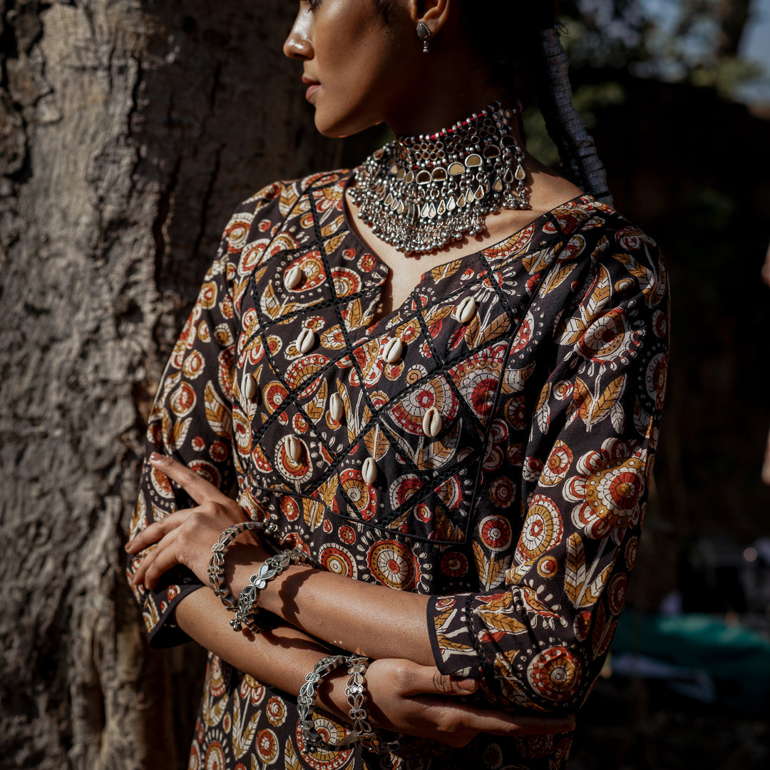 Black Block Printed Straight Kurta With Embroidery Detail On Yoke