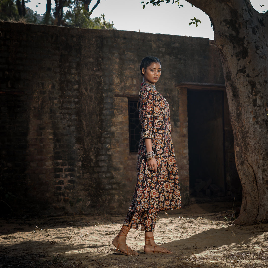 Black Block Printed Panelled Kurta With Embroidery Detail