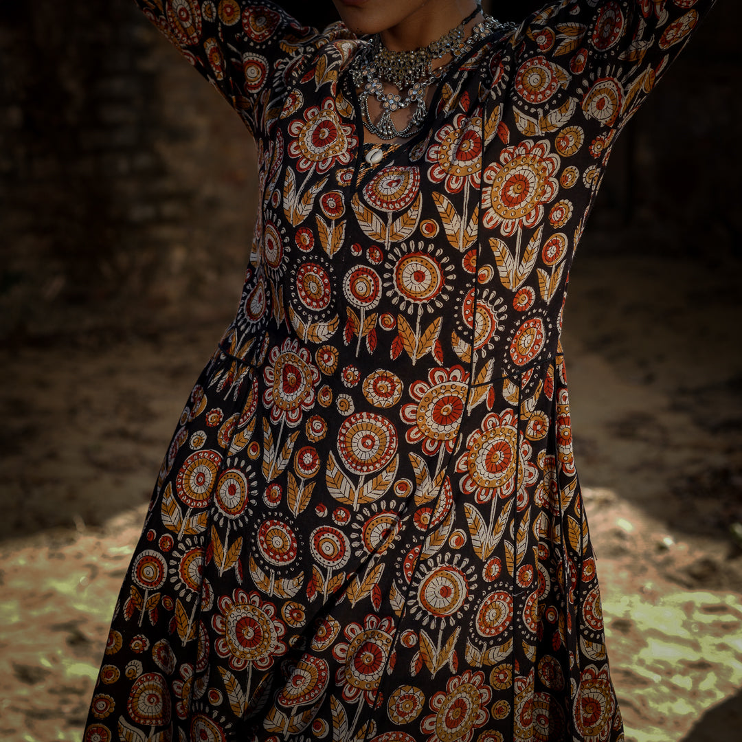 Black Block Printed Panelled Kurta With Embroidery Detail