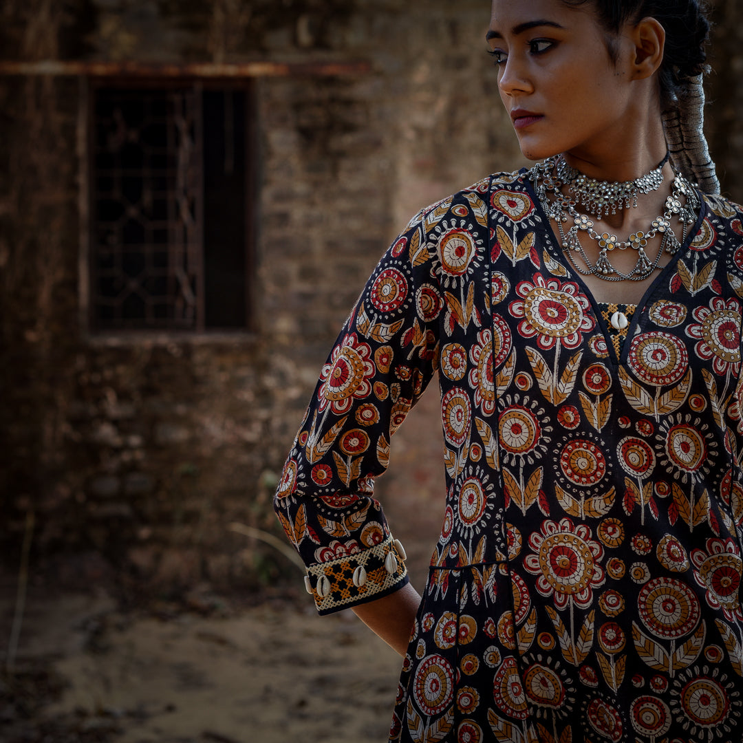 Black Block Printed Panelled Kurta With Embroidery Detail