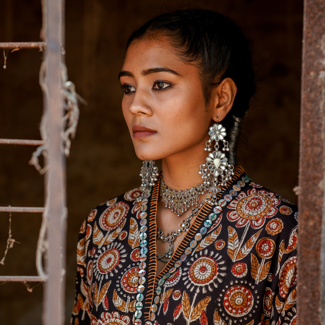 Black Block Printed Straight Kurta With Hand Embroidered Detail