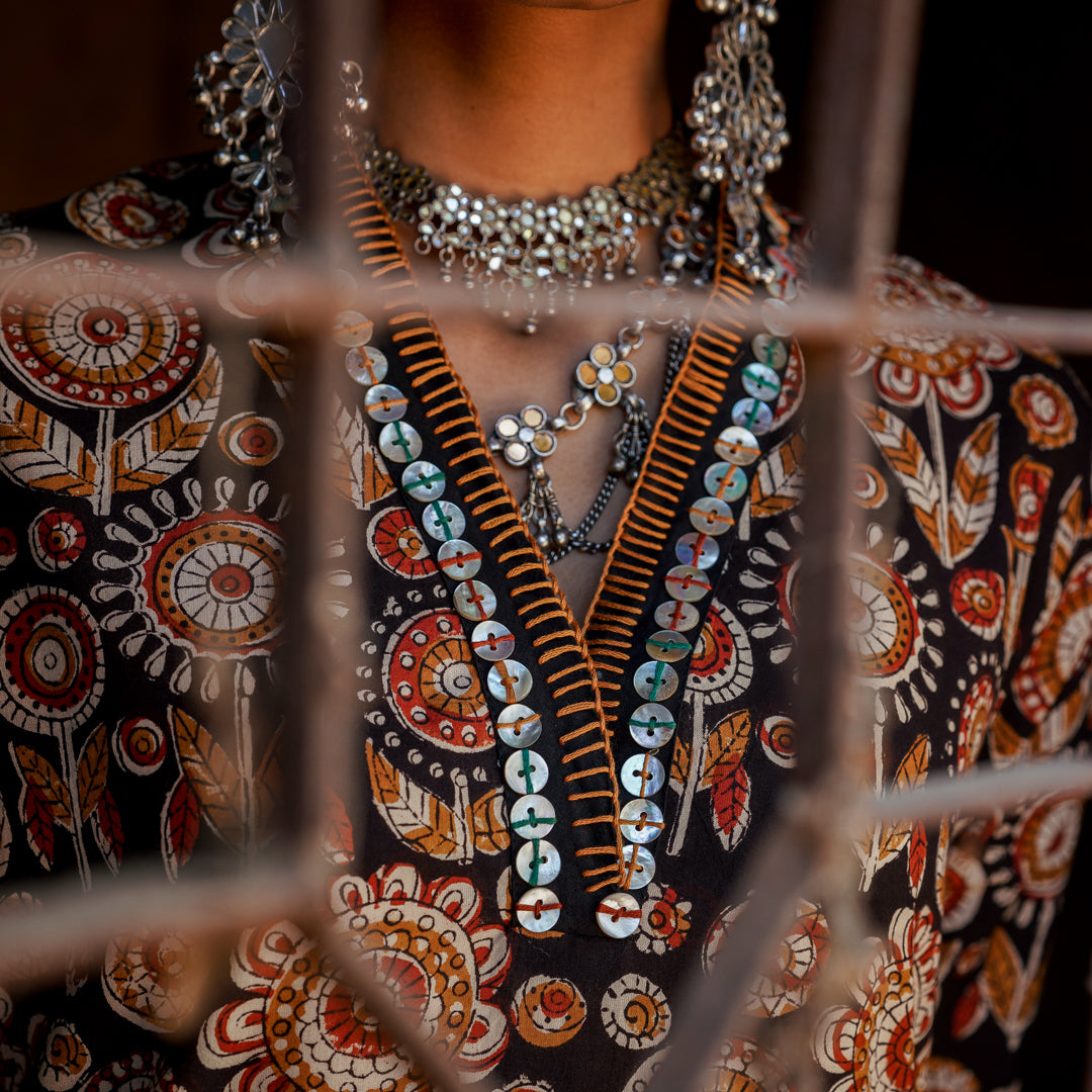 Black Block Printed Straight Kurta With Hand Embroidered Detail