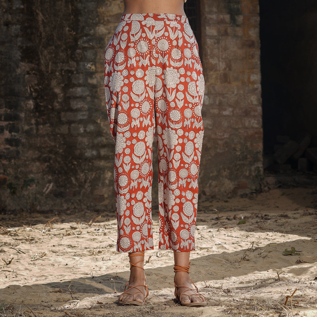 Brick Red Block Printed Cotton Straight pants