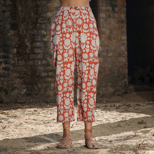 Brick Red Block Printed Cotton Straight pants