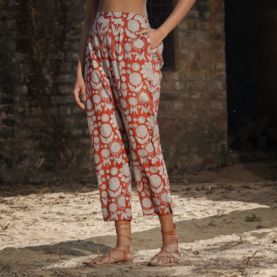 Brick Red Block Printed Panelled Kurta With Embroidery Detail and Straight Pants Set ( Set Of 2 )