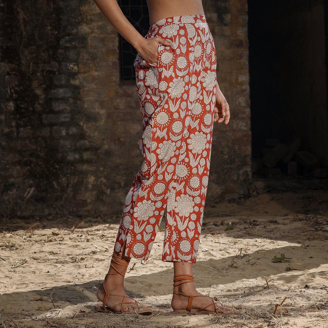 Brick Red Block Printed Panelled Kurta With Embroidery Detail and Straight Pants Set ( Set Of 2 )